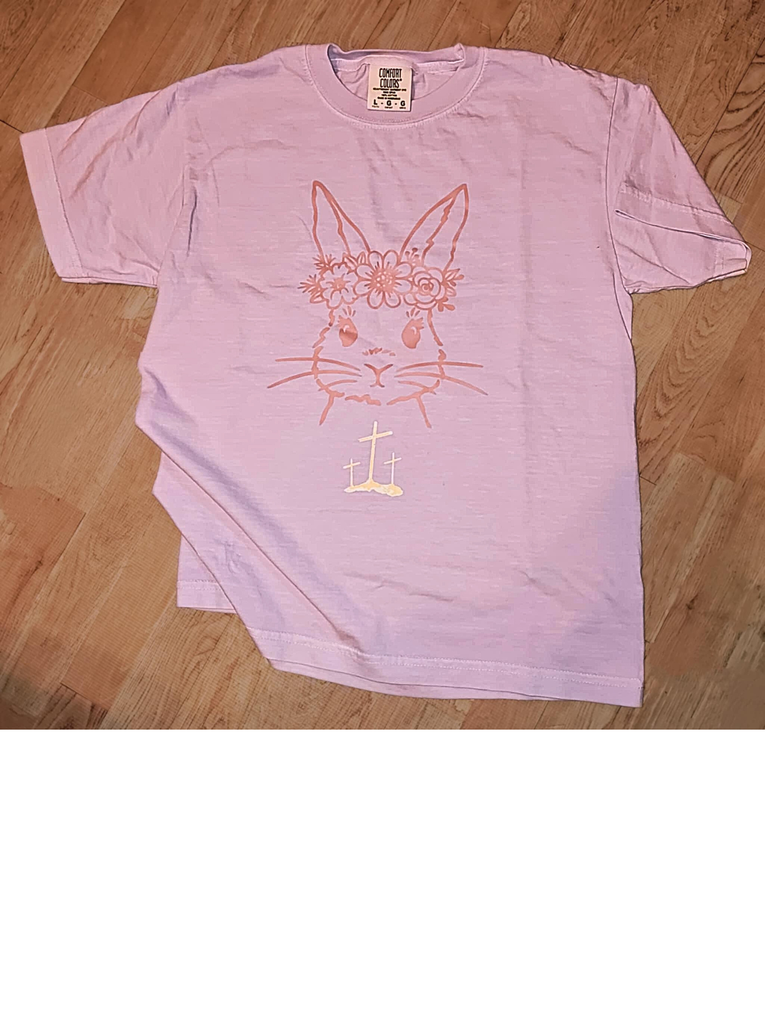 Rose Gold Bunny with 3 Cross on orchid