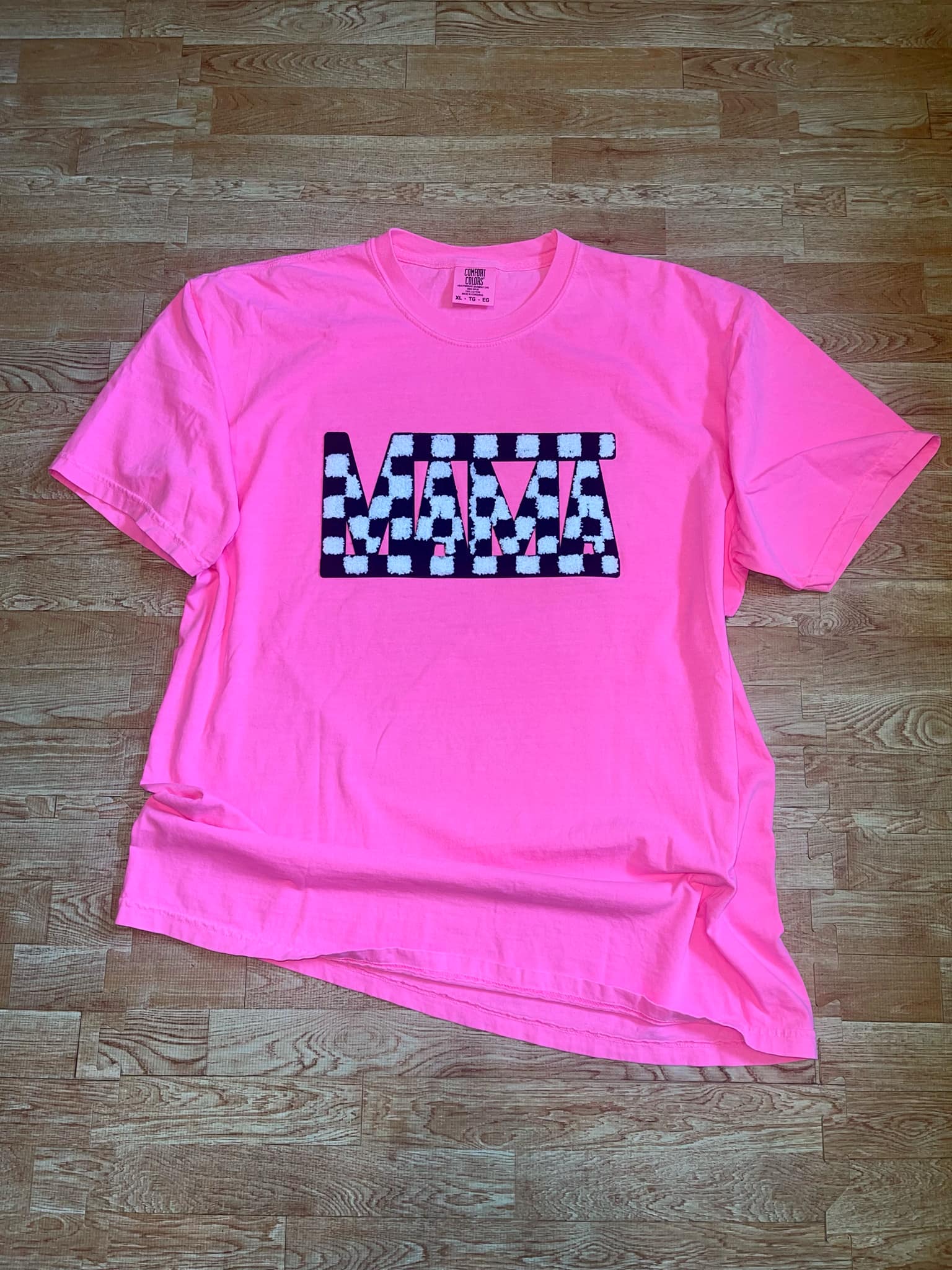 Comfort colors Neon pink short with Checkered mama Chenille patch on the front