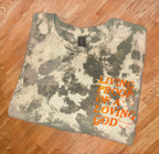 Camo Styled Bleached Tshirt with Hunter orange lettering saying “Living Proof Of A Loving God”
