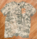 Camo Styled Bleached Tshirt with Hunter orange lettering saying “Living Proof Of A Loving God”