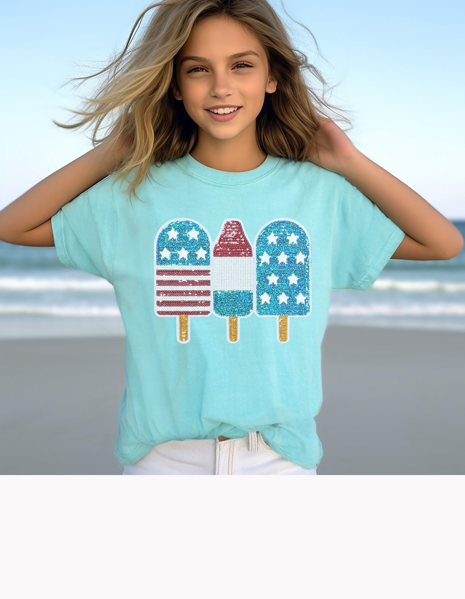 4th of July popsicle Sequin chenille patch on comfort colors kid tshirts
