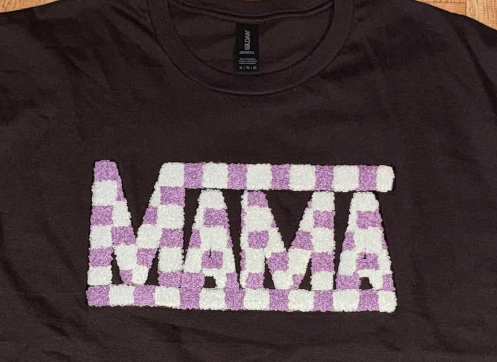 Close up view of the Lavendar checkered chenille patch