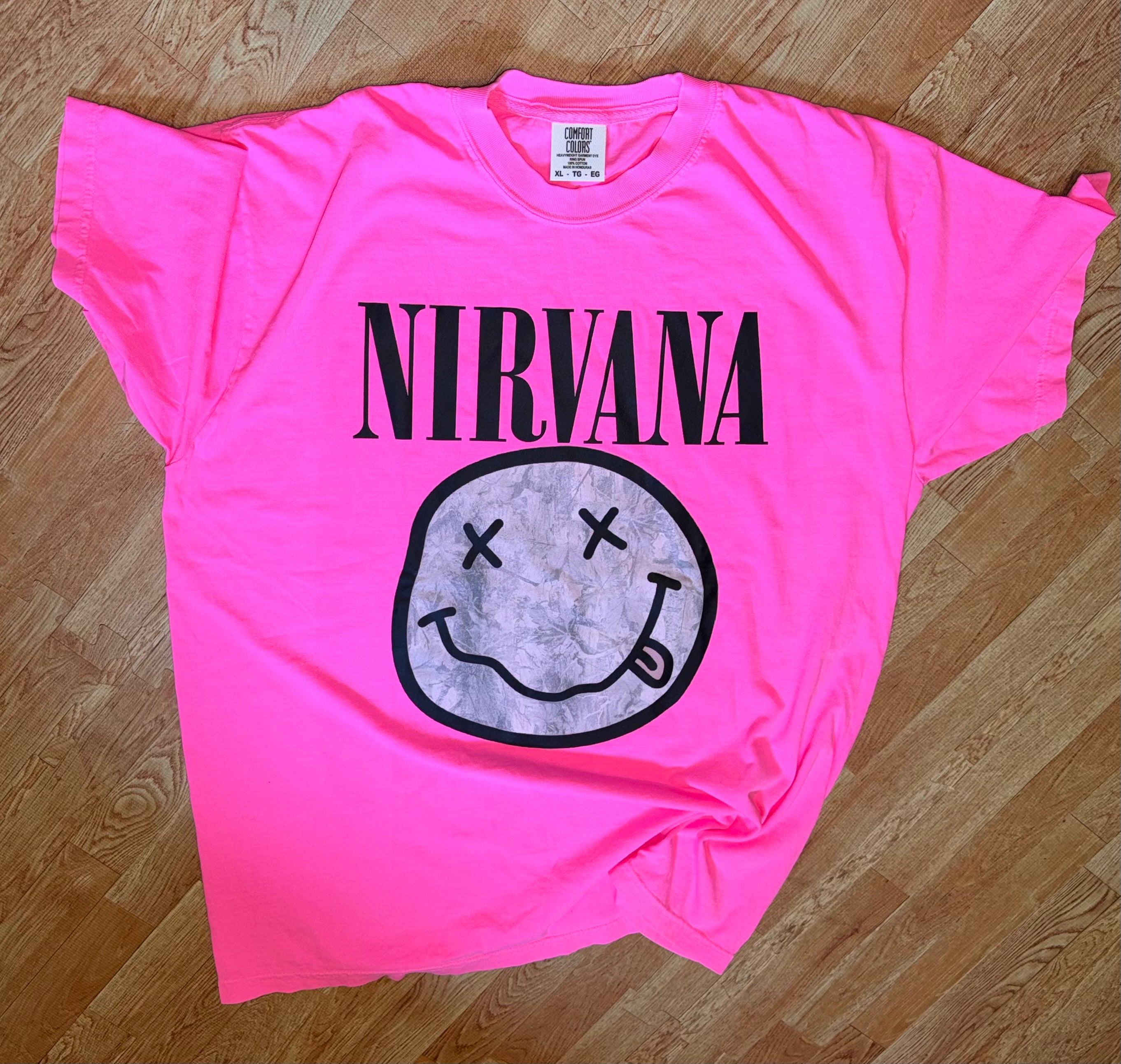 Neon Pink Nirvana Camo Smiley