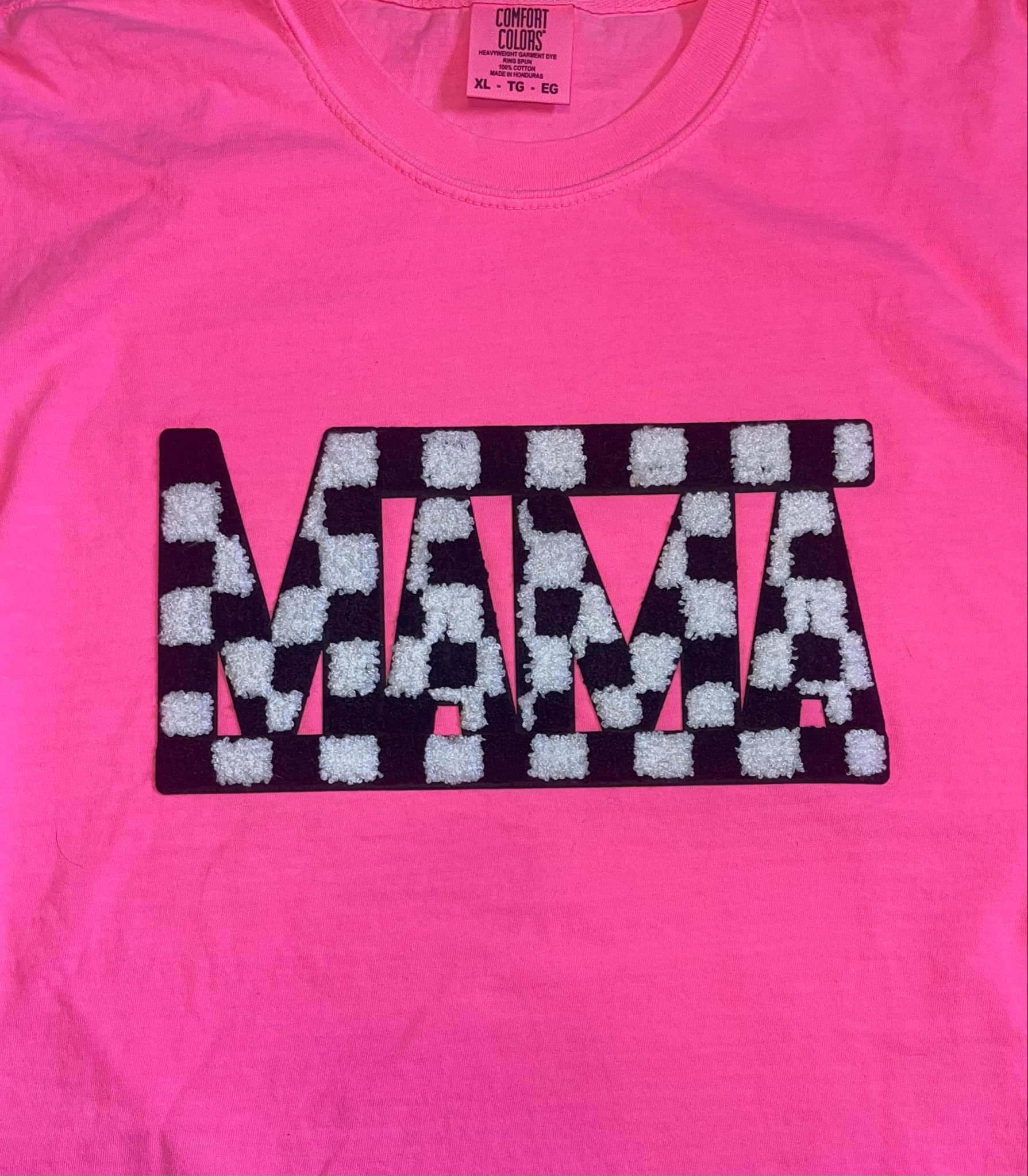 Chenille Checkered Mama Patch on Neon Pink